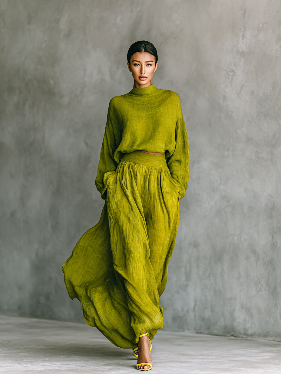 Conjunto Mujer Algodón Lino Verde Con Pantalón Ancho