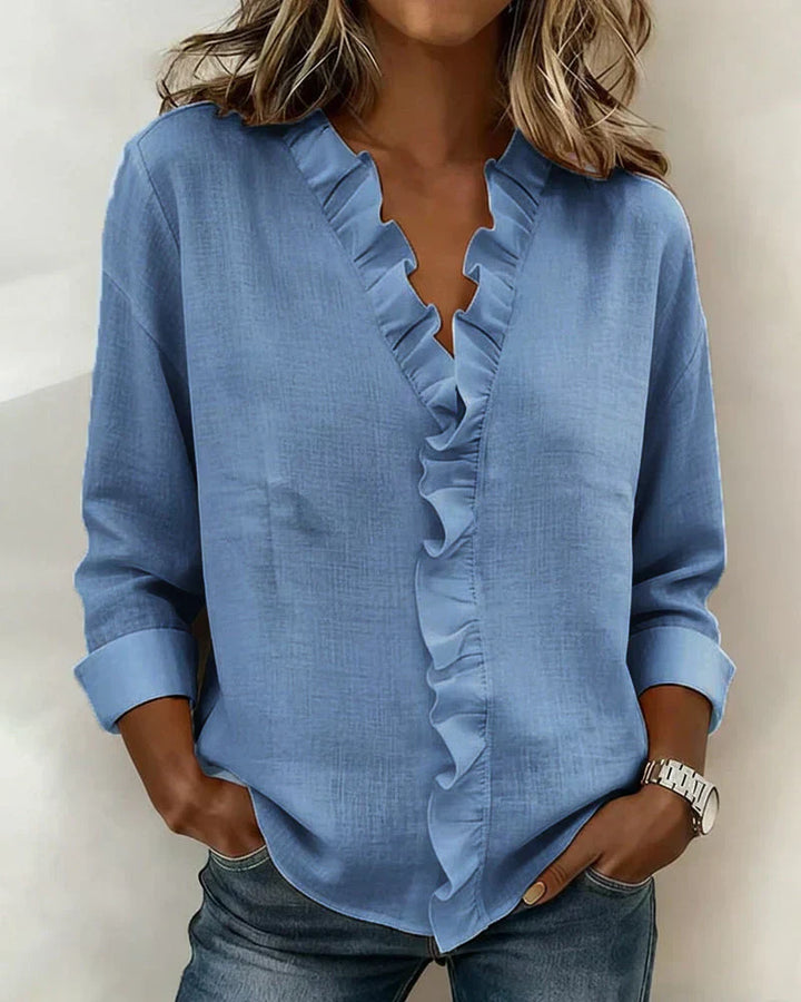 Blusa Elegante con Escote en V y Volantes Delicados