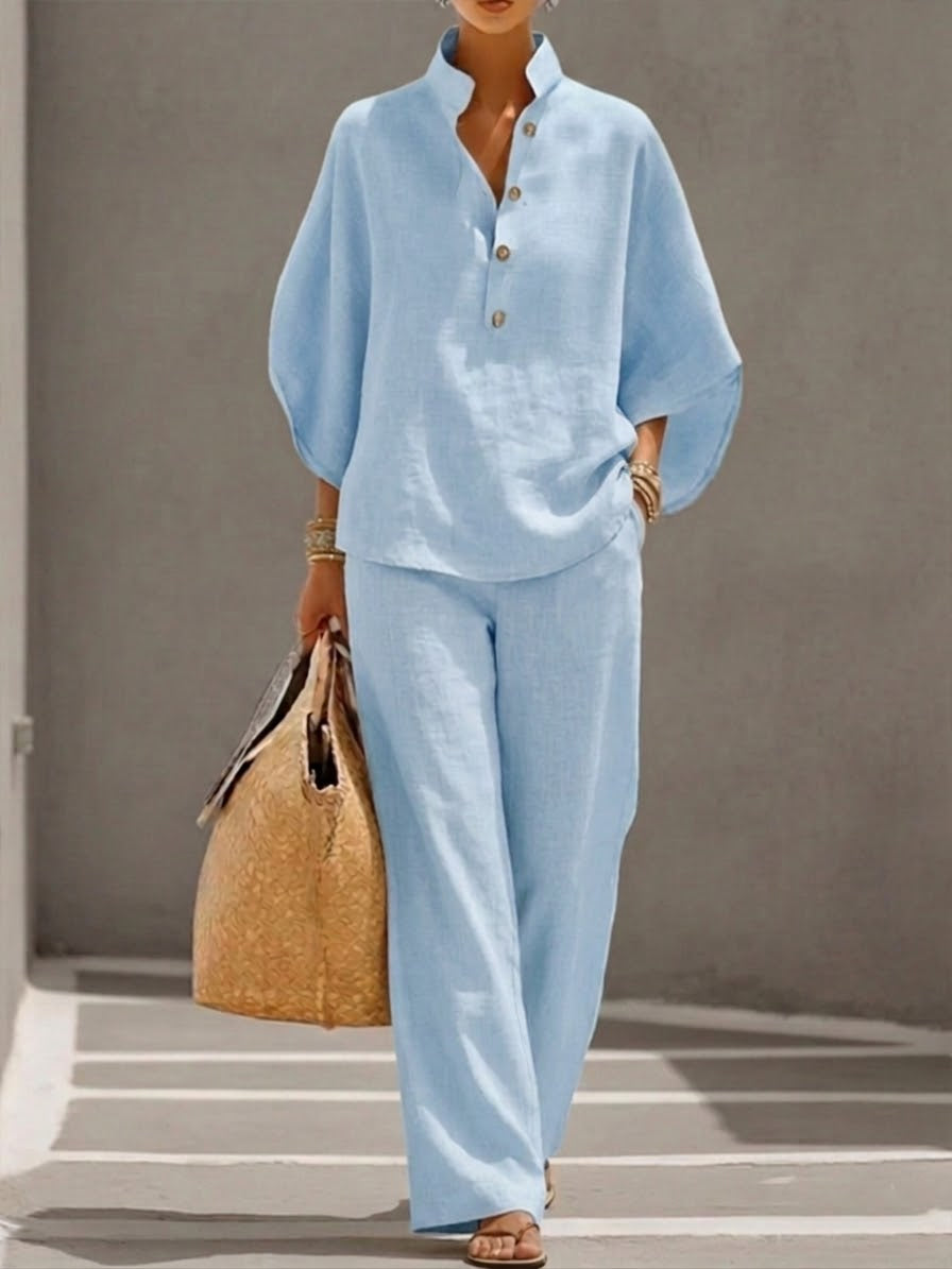 Conjunto De Lino Mujer Con Manga Murciélago Y Pantalón Ancho