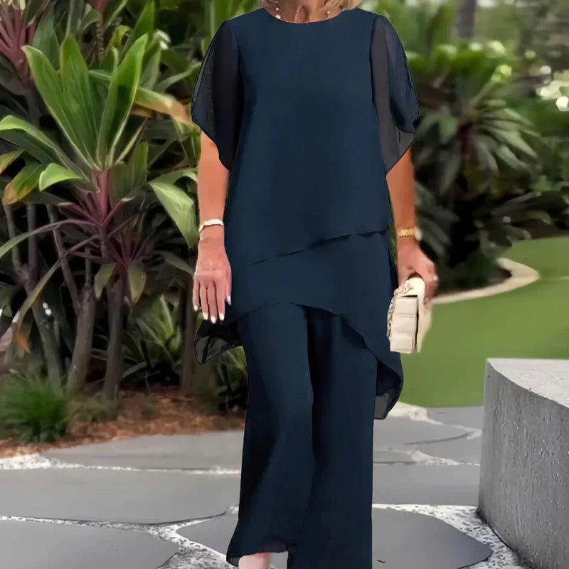 Conjunto Dama Asimétrico con Blusa Larga y Pantalón Amplio